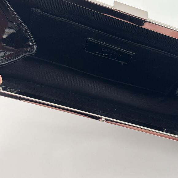 Ann Taylor Loft Black Patent Clutch Shoulder Bag Silver Chain Strap Glossy - Picture 6 of 6